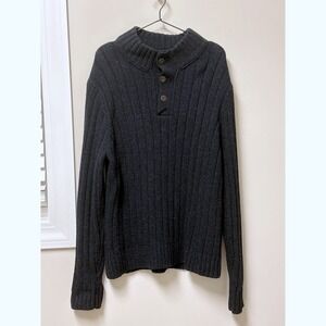 Eddie‎ Bauer Mens Dark Navy Wool Henley Blue Sweater Mock Neck Sz XL Lambswool